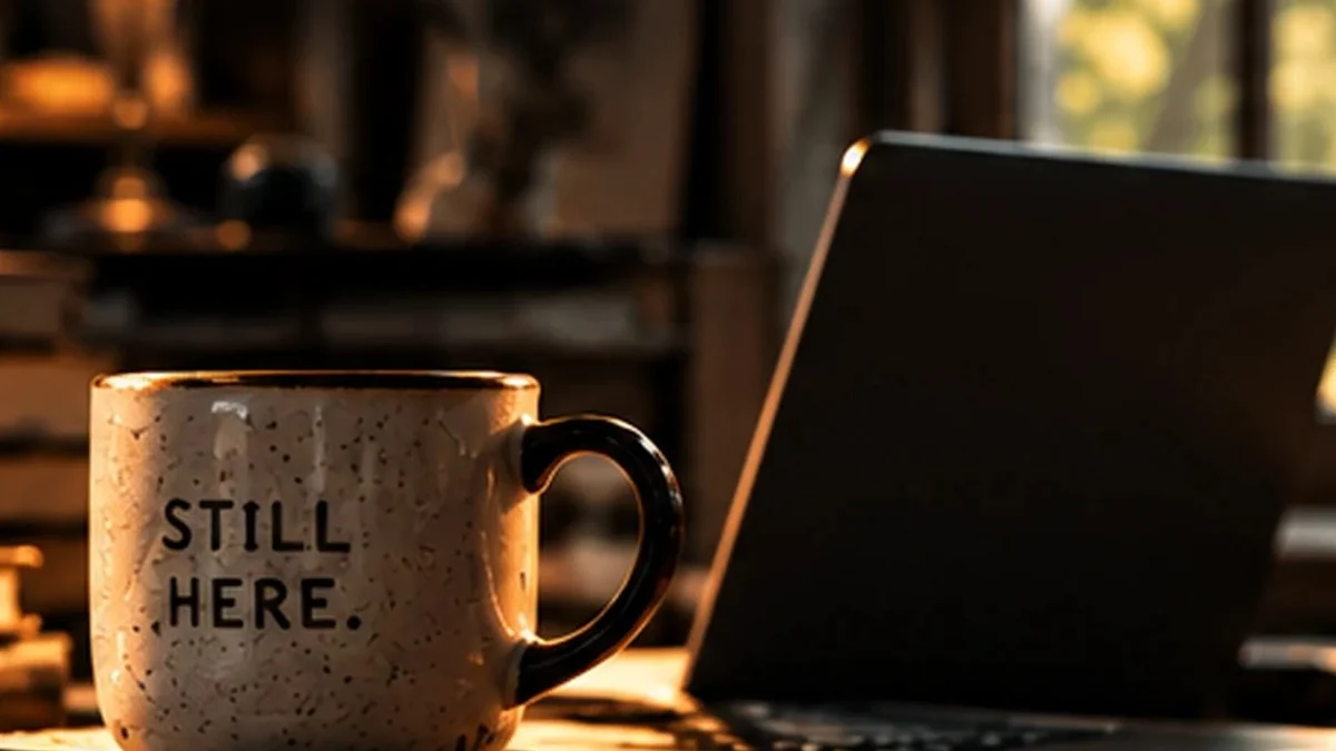 Quiet desk and a Still Here mug