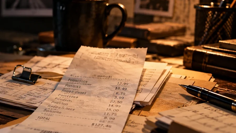 Receipts, documents and desk lamp