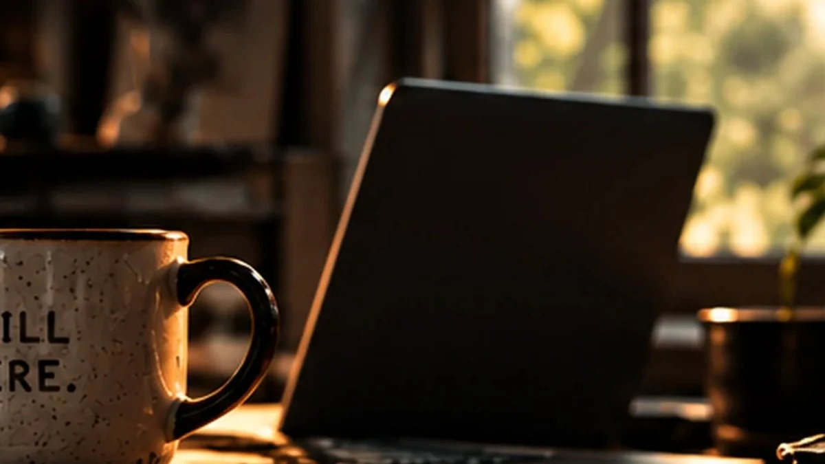 Still Here mug and laptop in warm light