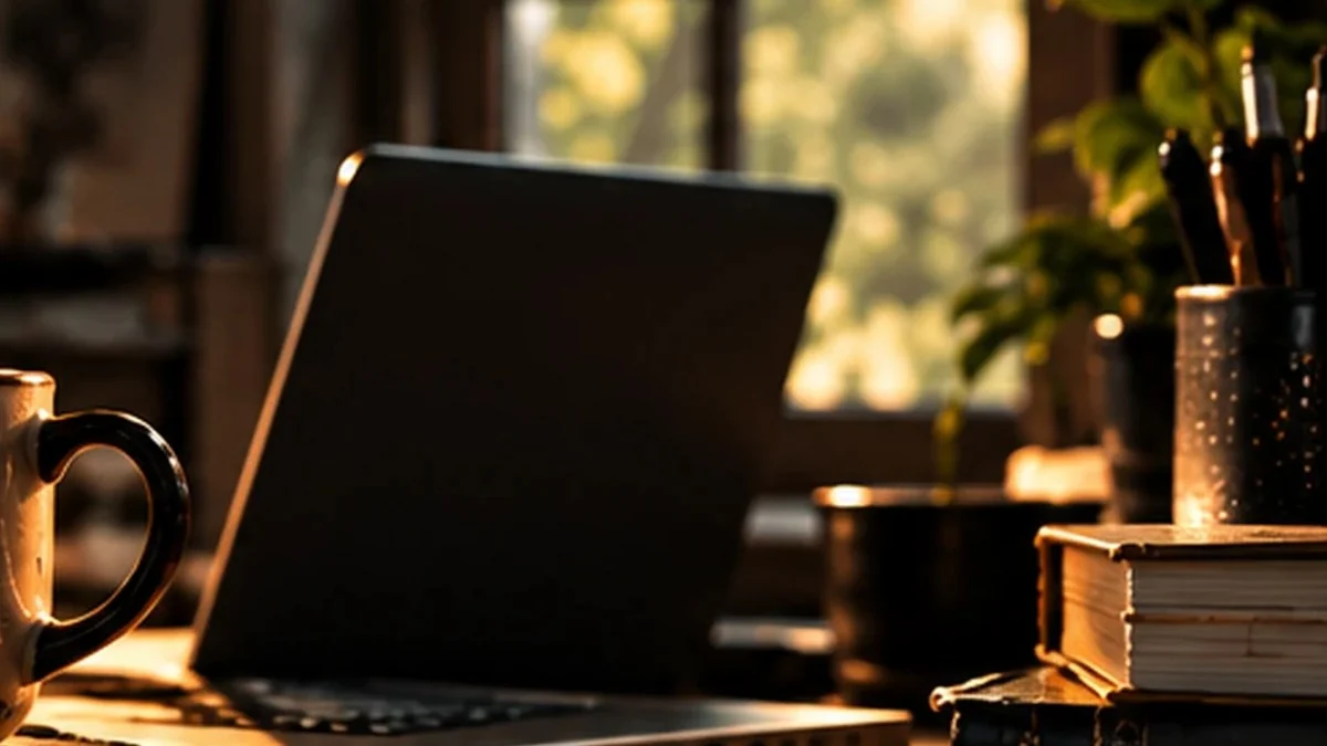 Laptop and work desk in warm window light