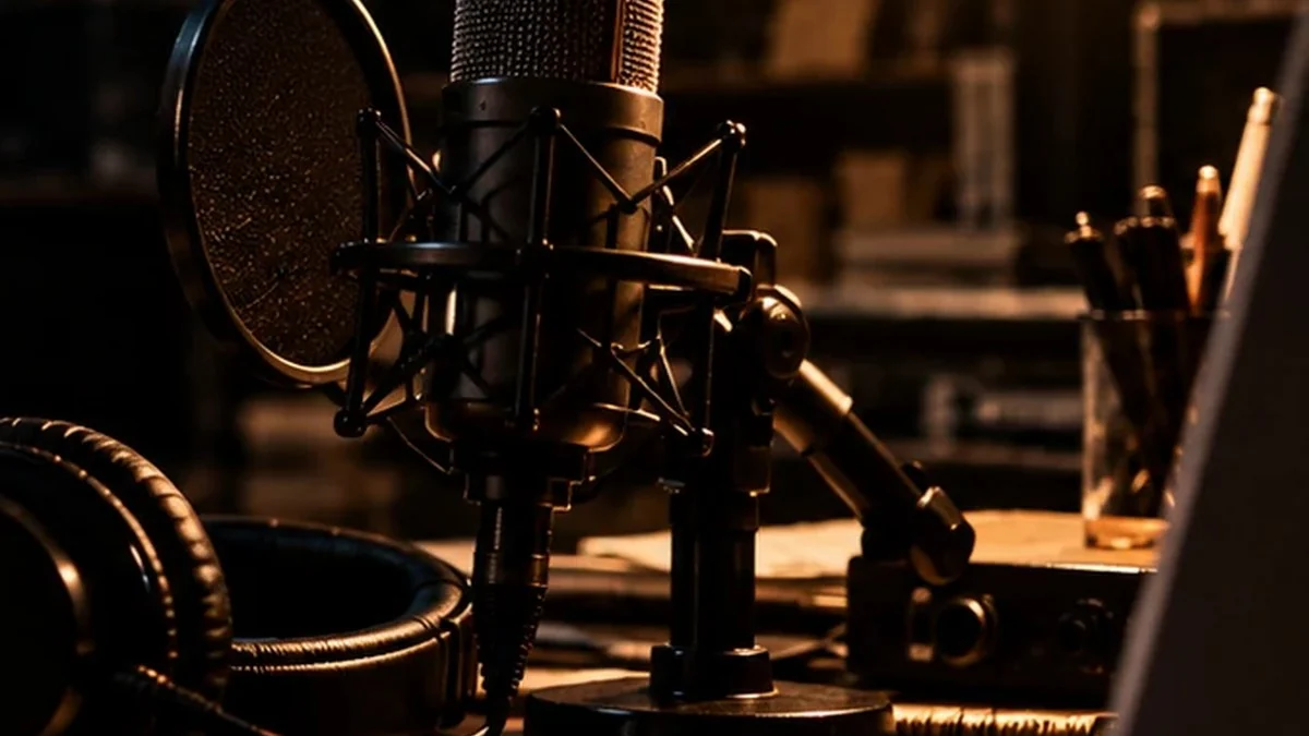 Microphone, headphones and production workspace